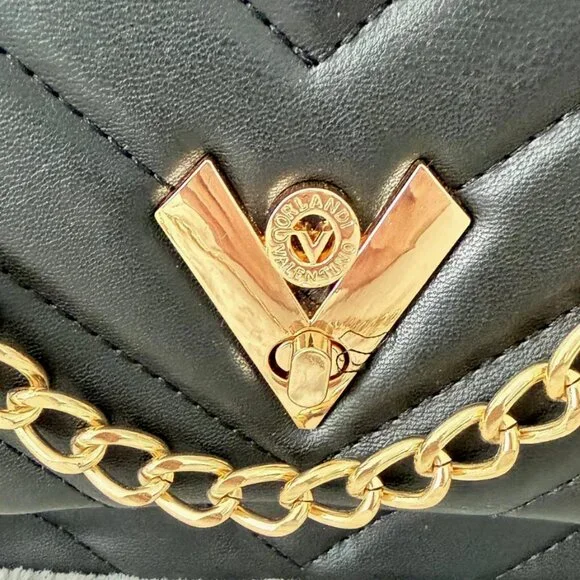 Valentino Orlandi Quilted Vegan Leather Shoulder Bag Gold Chain Black NWT $279 - Picture 12 of 16